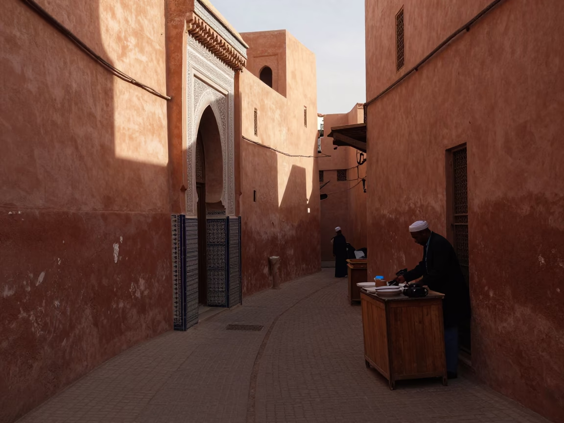 Souk Street in Marrakech at As First Light Reaches The Scene in in Marrakech, Morocco