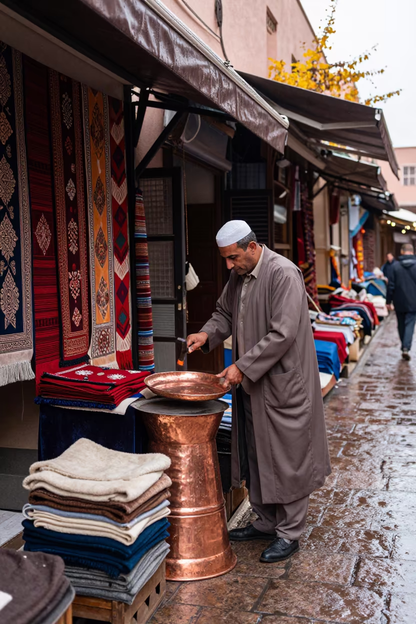 Souk Vendor Hammering Copper Tray in Marrakech in at a textile trader's stall in Marrakech