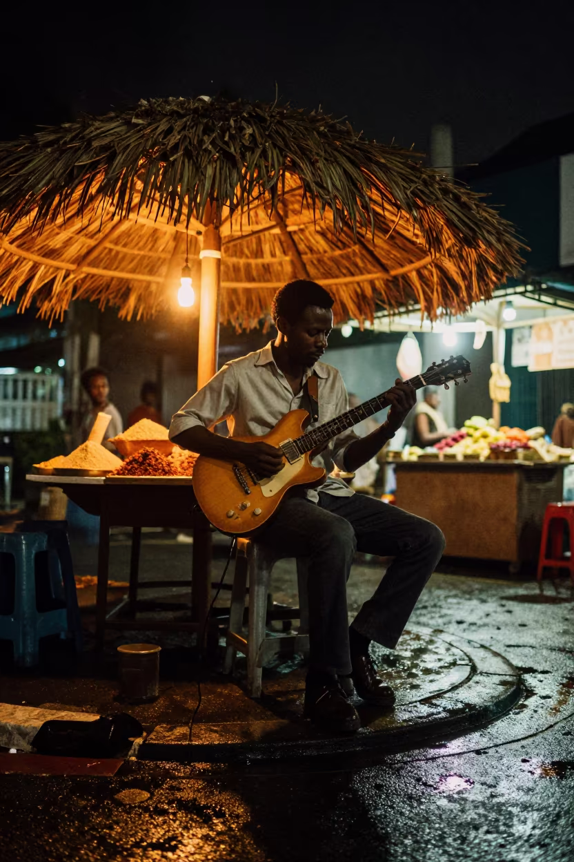 Soukous Guitarist Playing Under Thatch in Kuala Lumpur in at a street corner busking spot in Little India, Kuala Lumpur