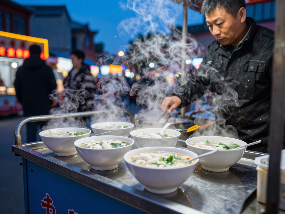 Soup Bowls in Beijing at As City Lights Begin To Glow in in Beijing, China