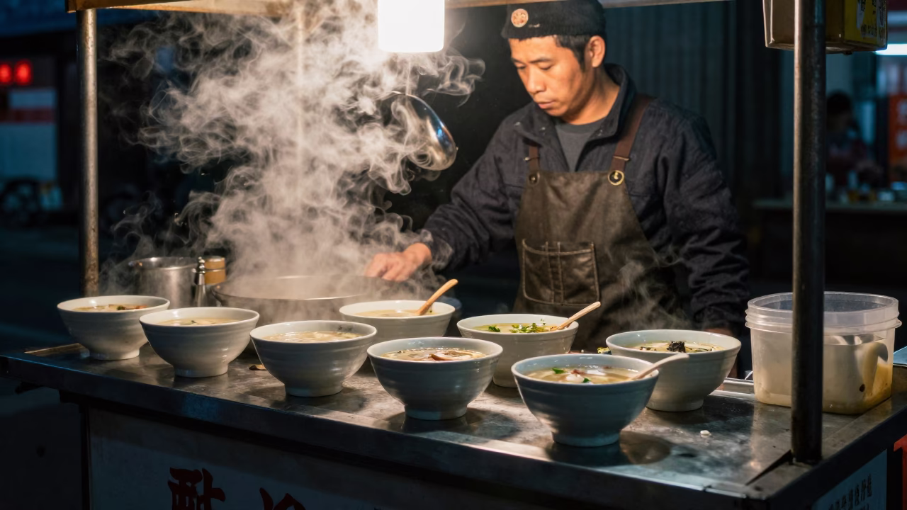 Soup Bowls in Taipei at The Predawn Darkness Light in in Taipei, Taiwan