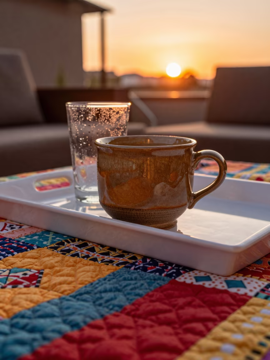 Soup Mug on Quilt in Brazzaville Living Room in in a sunlit living room in Brazzaville