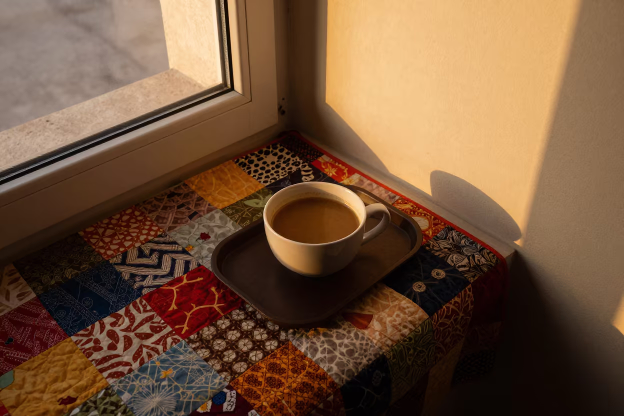 Soup Mug on Tray Over Quilt at Abu Dhabi Sunset in on a window seat near Abu Dhabi