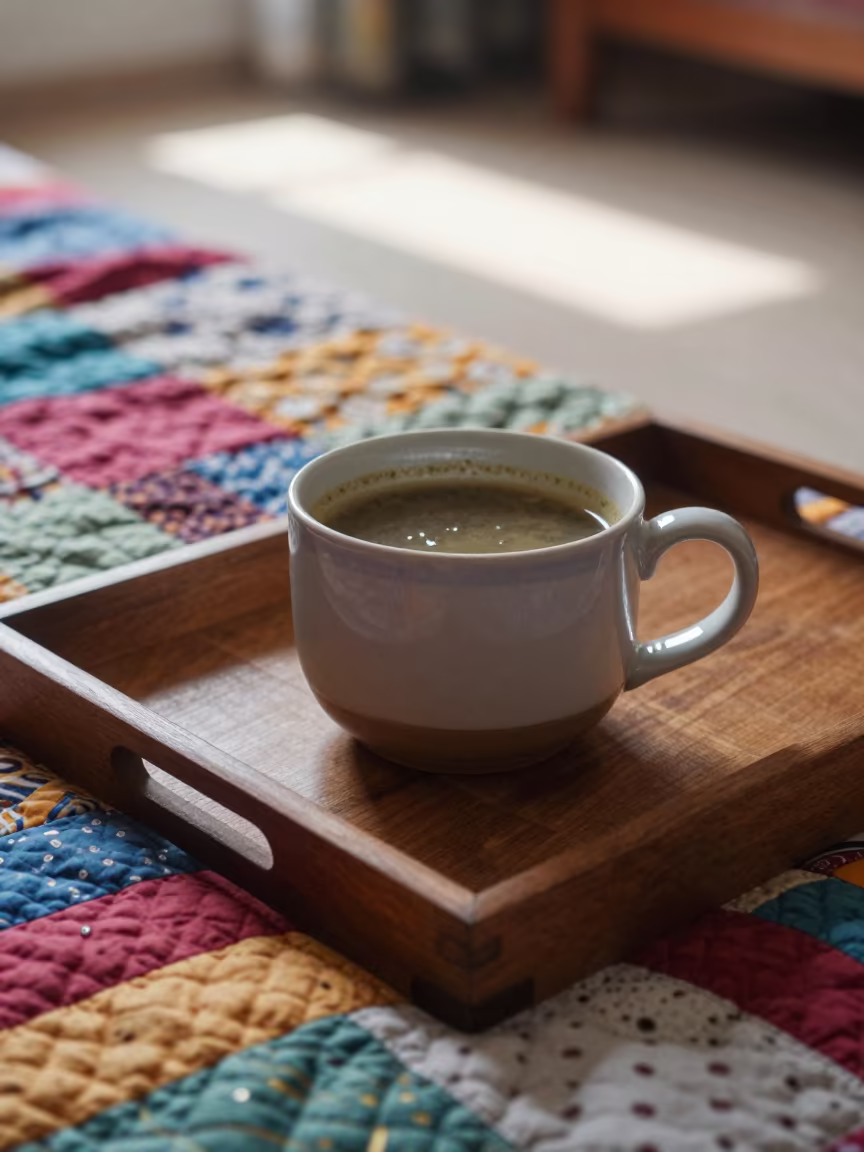 Soup on Tray Over Patchwork Quilt in Patiala Bedroom in in a candlelit bedroom in Patiala