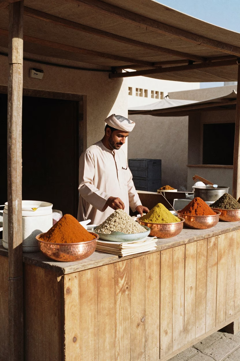 Souq Stall in Muscat at The Flat Glare Of Noon Light in in Muscat, Oman