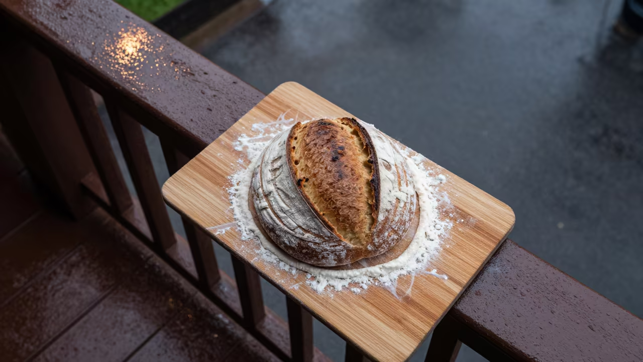 Sourdough Loaf on Floured Board Pier Railing Kinshasa in on a pier railing in Kinshasa