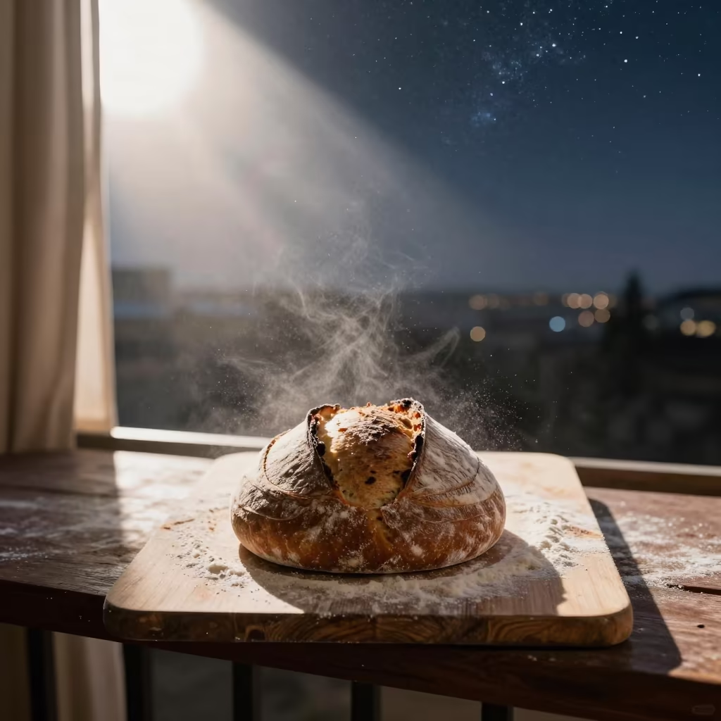 Sourdough Loaf Pier Morning Sky Split in on a pier railing near Addis Ababa