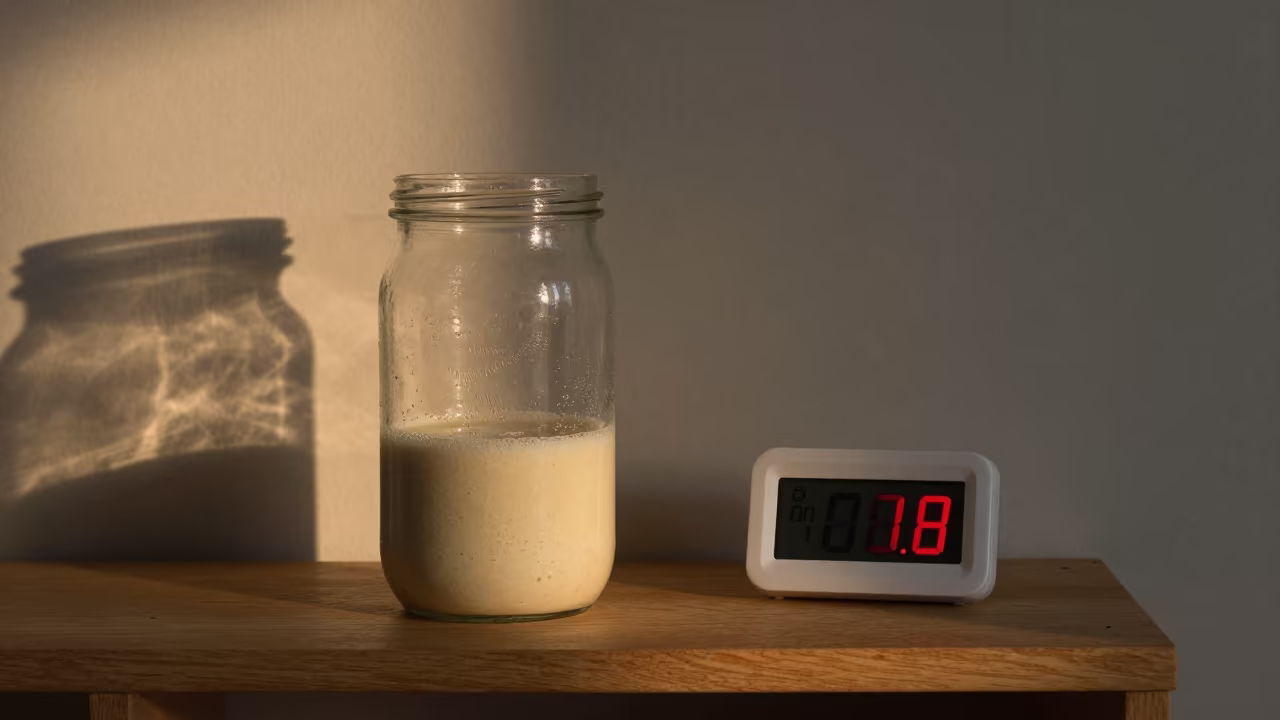 Sourdough Starter and Timer on Candlelit Pantry Shelf in in a candlelit bedroom in Bouake