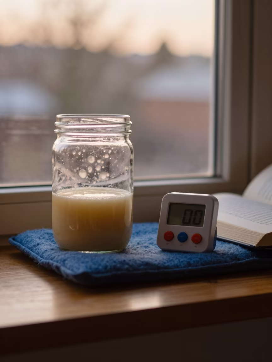 Sourdough Starter and Timer on Winter Cushion in on a reading nook cushion in Portland