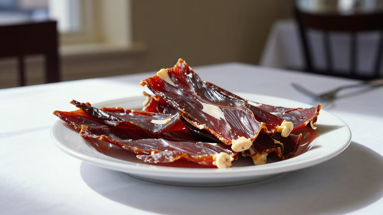 South African Biltong and Droëwors on Restaurant Table in on a linen-covered restaurant table in Worcester