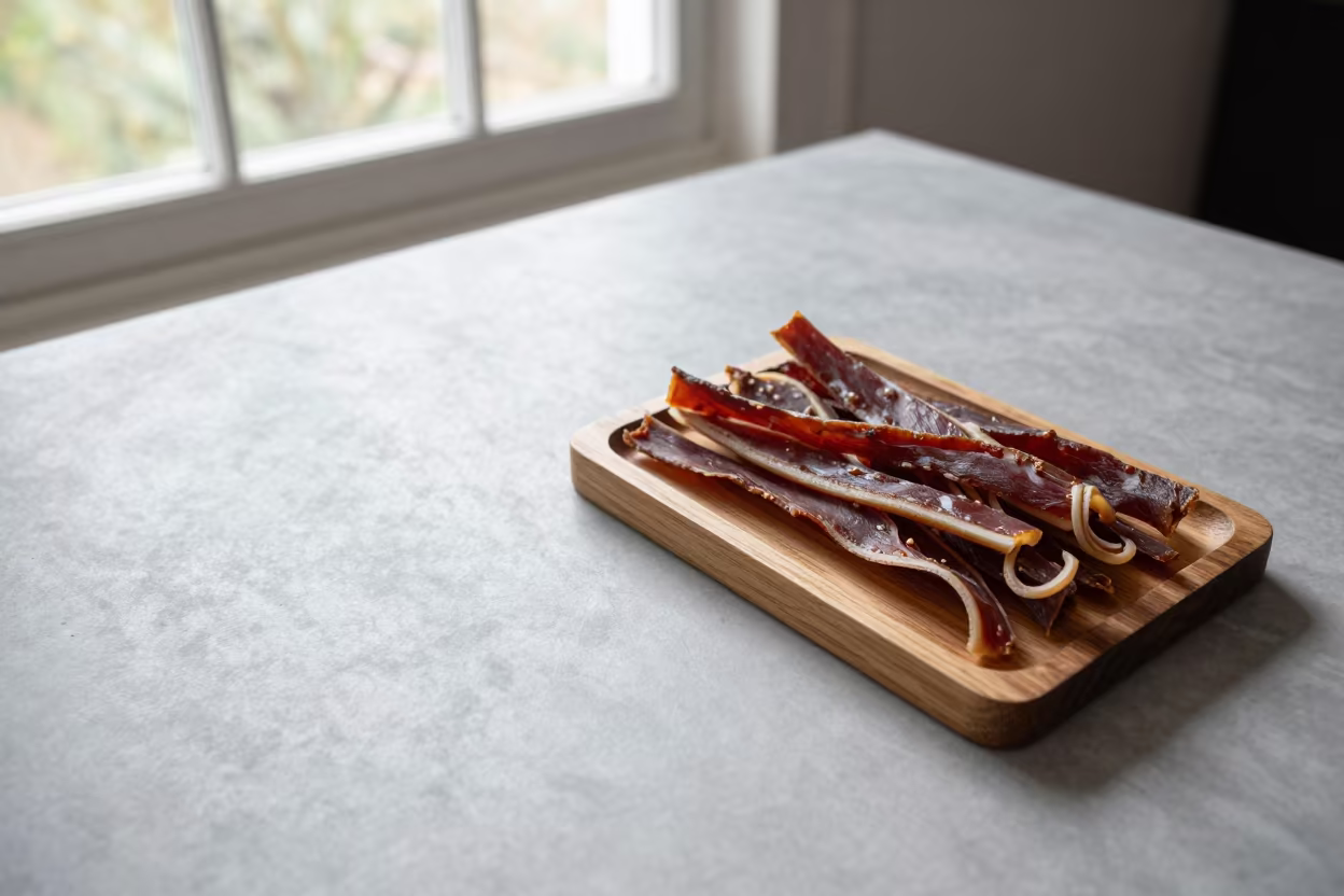 South African Biltong and Droëwors on Marble in on a marble cafe table in Miskolc