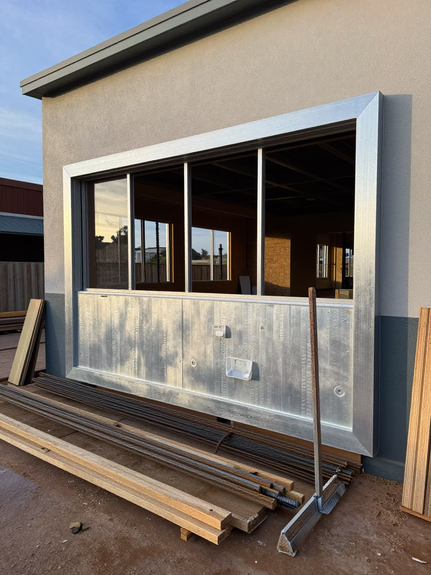South African storefront carton in winter light in beside a framed building shell in South Africa
