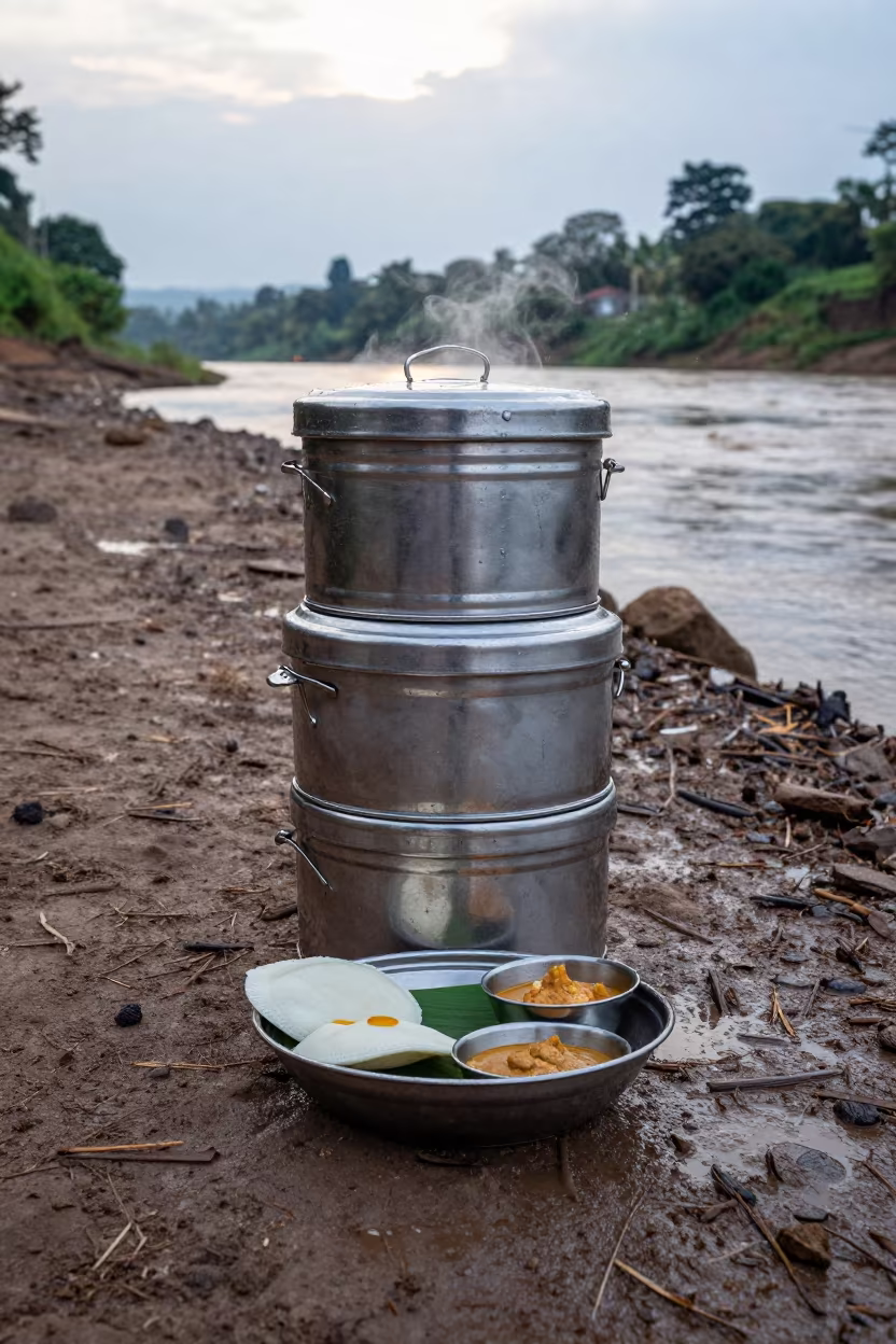 South Indian Idli Sambar Tiffin by Kigali River in by a riverbank near Kigali