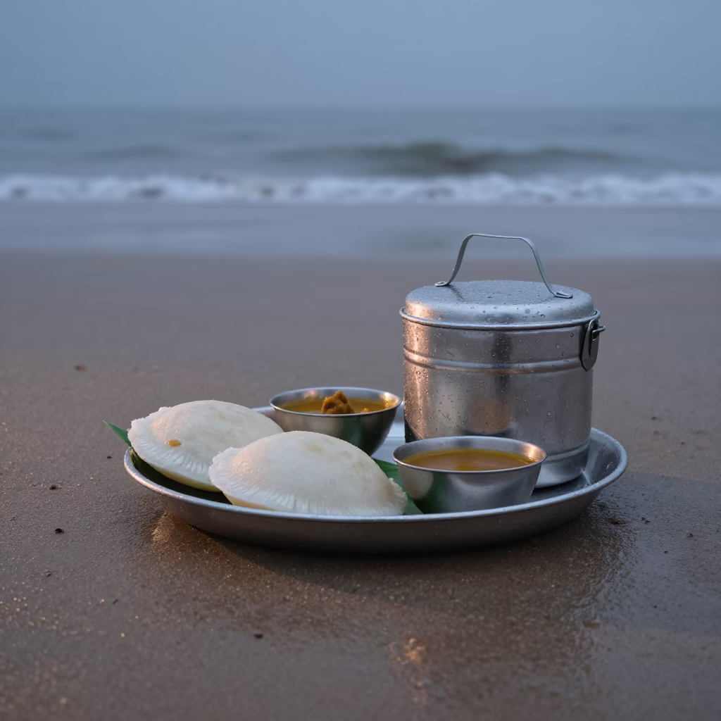 South Indian Idli Sambar Tiffin on Rainy Beach in along a beach near Wenzhou