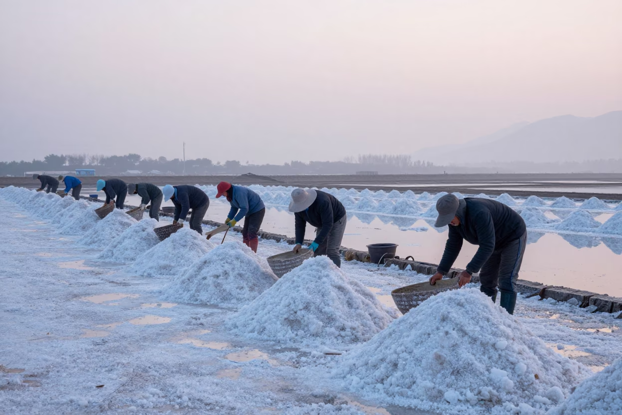 South Korean Salt Harvester Raking Dawn Mist in across a harvested grain field in South Korea