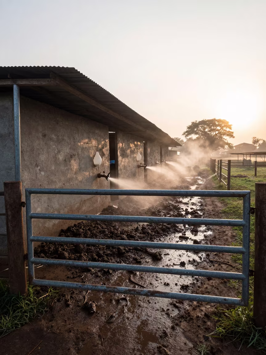 South Sudan Hog Yard at Sunrise Mist in beside a pasture gate in South Sudan