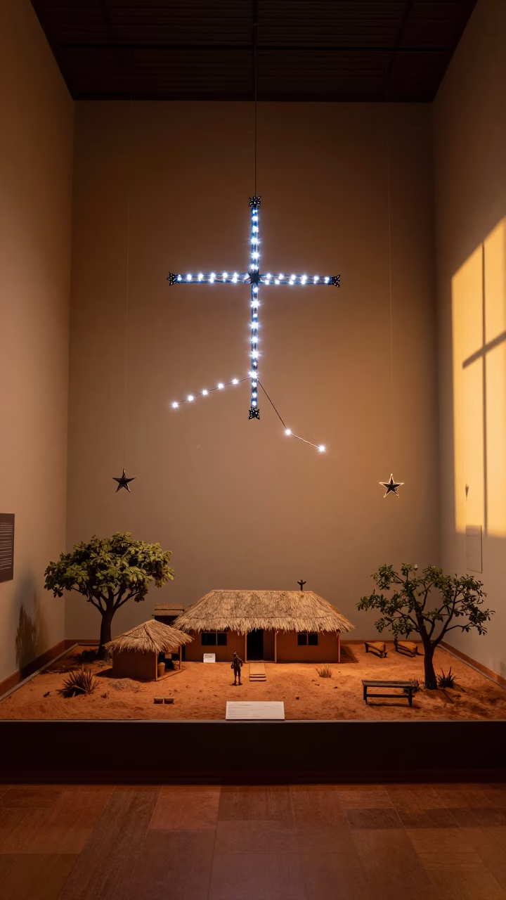 Southern Cross Model Over Outback Homestead on Delhi Plinth in on a museum plinth in Delhi