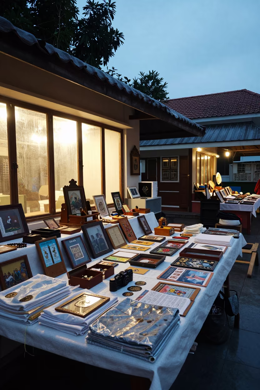 Souvenir Table Under Monsoon Tarps Before Dawn in Jakarta in in a ceremonial hall in Jakarta