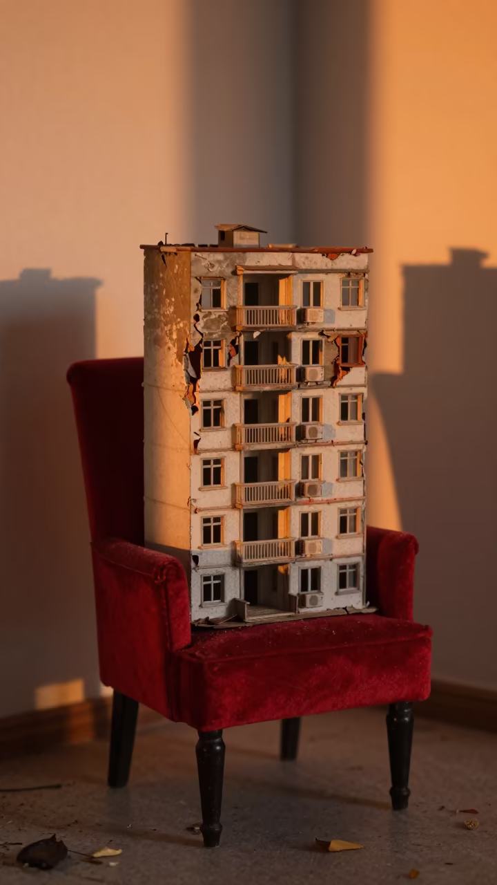 Soviet Ruin Model on Velvet Chair at Sunset in on a velvet chair in Jammu