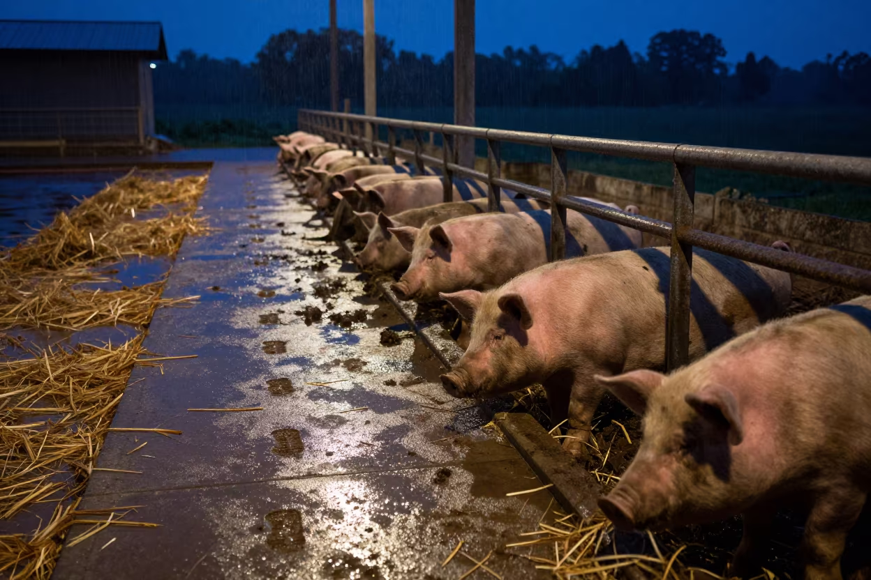 Sow Foster Card Rail in Rainy Blue Hour in along a feedlot lane in Comoros
