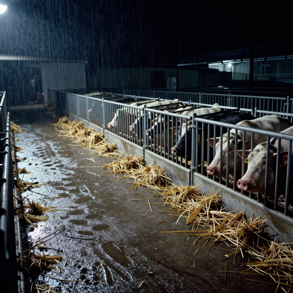 Sow Foster Rail Boot Prints Rain Kerala Night in at a stockyard loading ramp in Kerala
