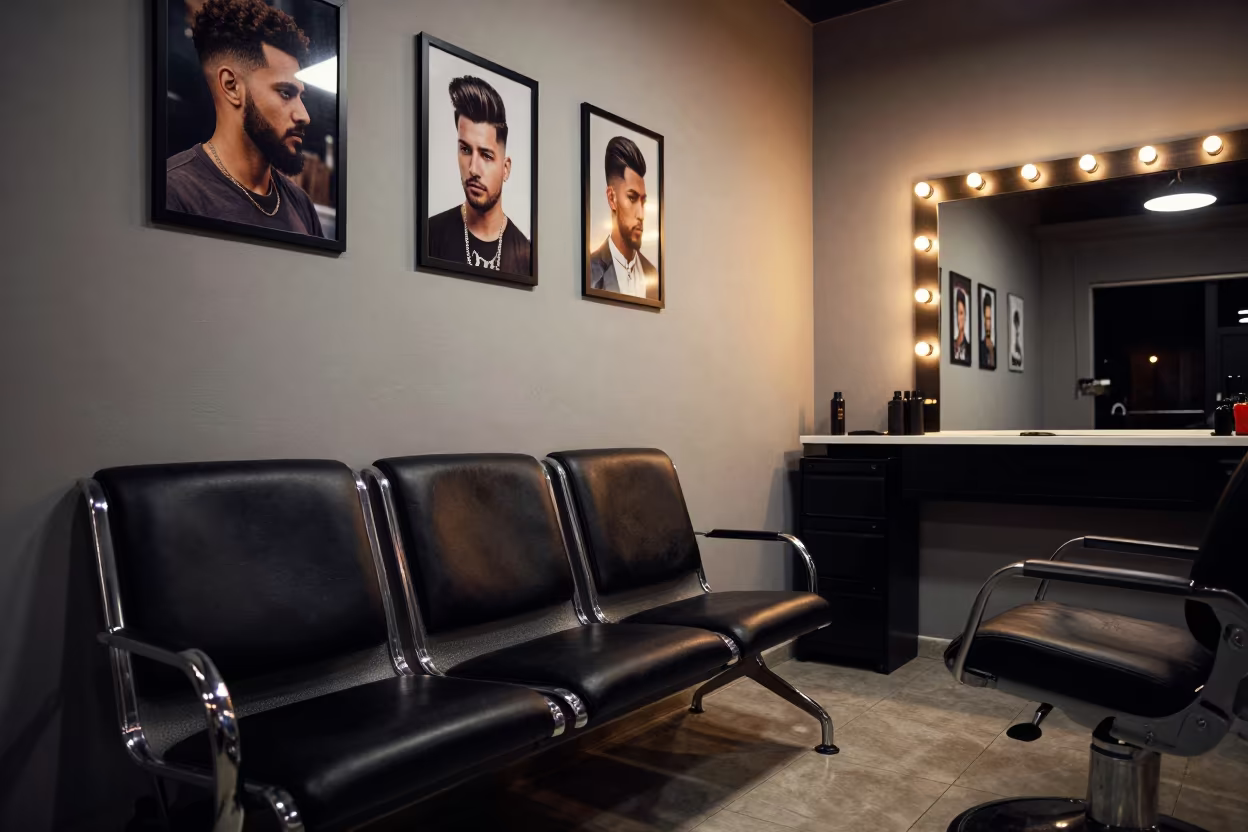 Soweto Barber Bench Under String Lights at Night in inside a salon row near Soweto