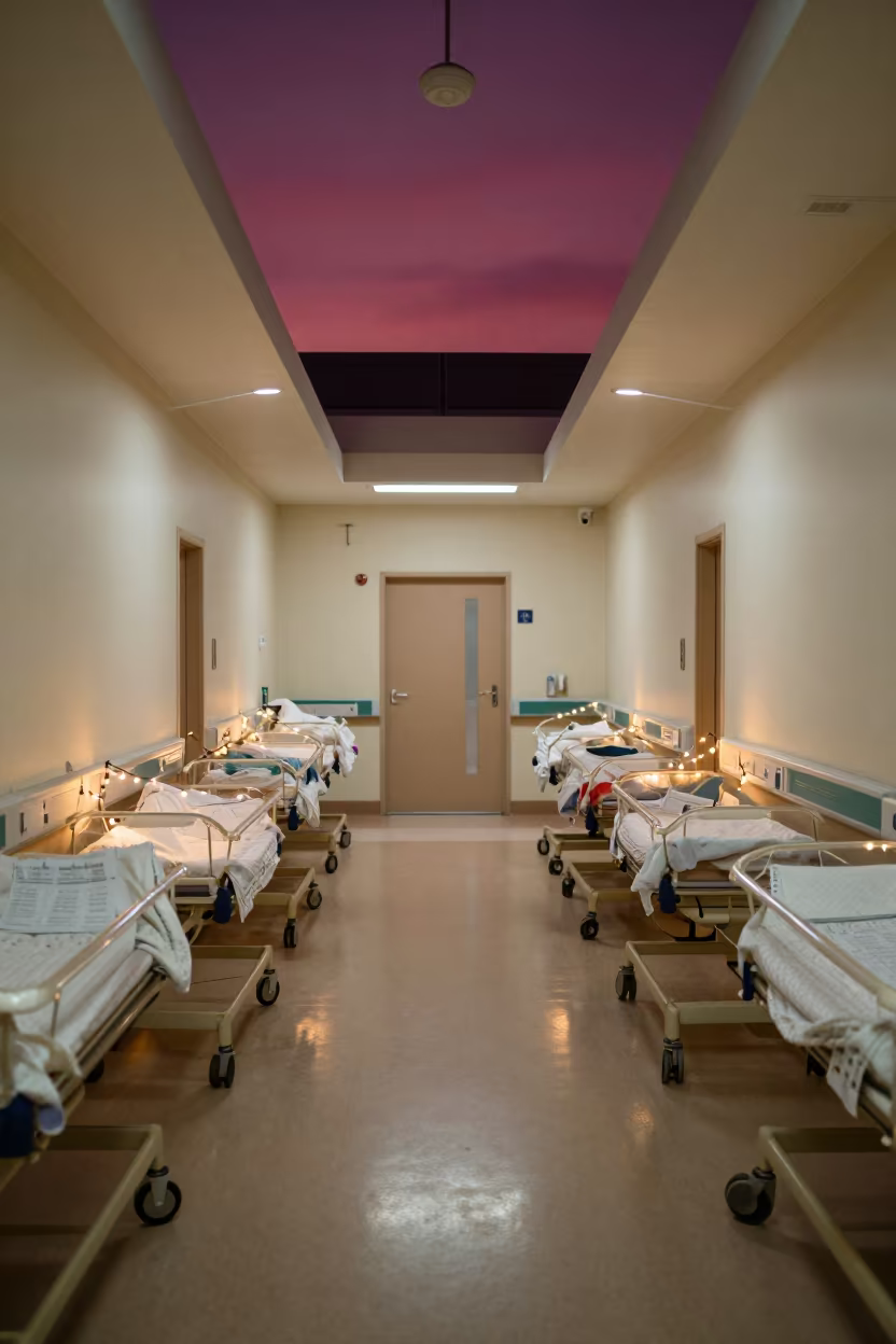 Soweto Maternity Ward Bassinet Under Magenta Sky in inside a hospital corridor in Soweto