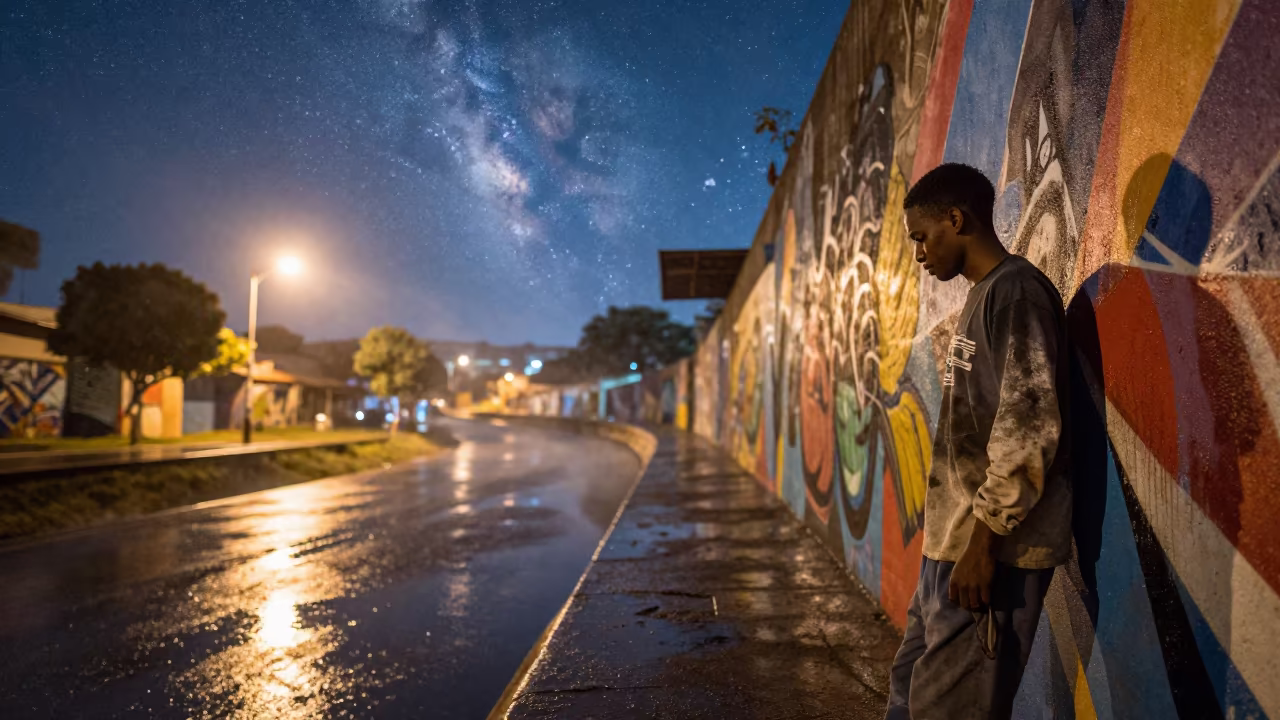 Soweto Muralist with Daylight Milky Way in beside a canal in Soweto