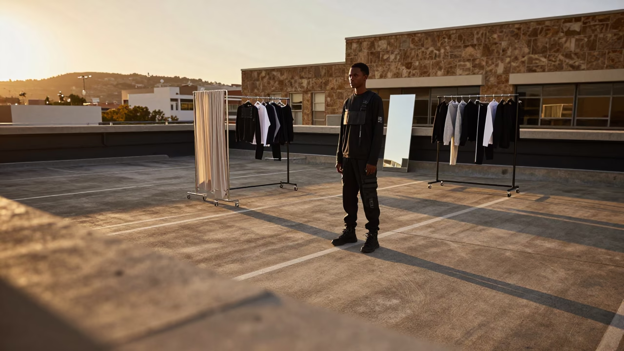 Soweto Sunset Streetwear Lookbook on Rooftop in in a stone lane between old facades near Soweto