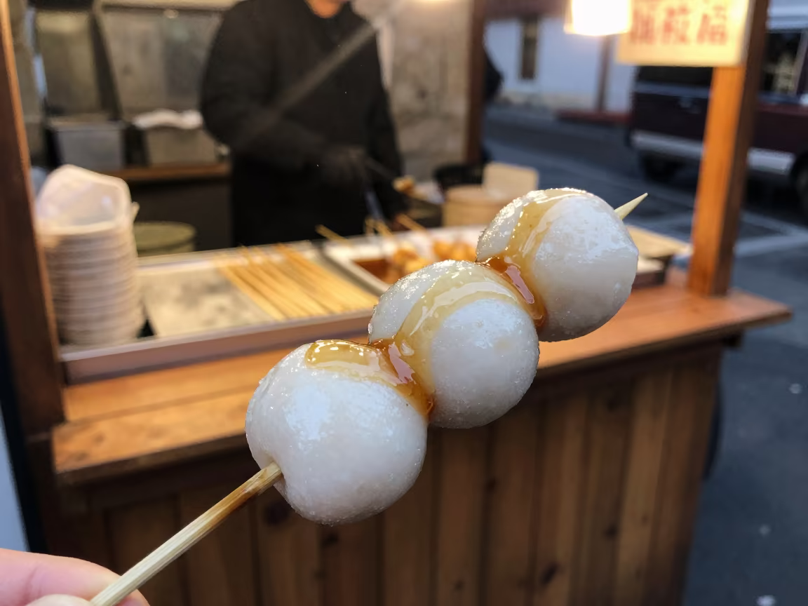 Soy Glazed Dango Skewer at Athens Market Stall in at a market stall counter in Thisio, Athens