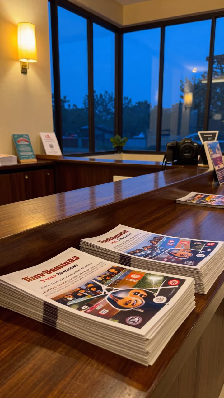 Spa Alcove Brochures Blue Hour Light in at a reception desk under warm light in Deoghar