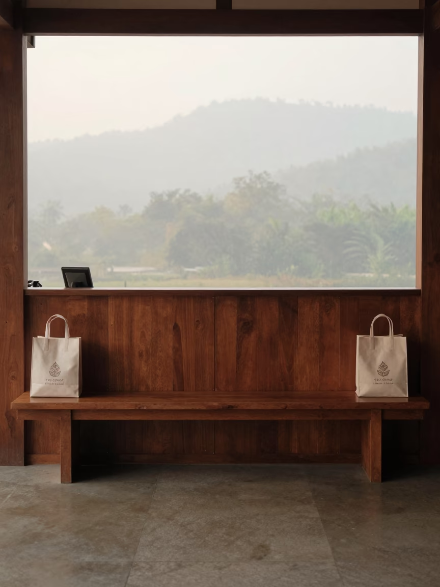 Spa Bench With Welcome Bags in Phrae Rainy Season in inside a spa reception in Phrae