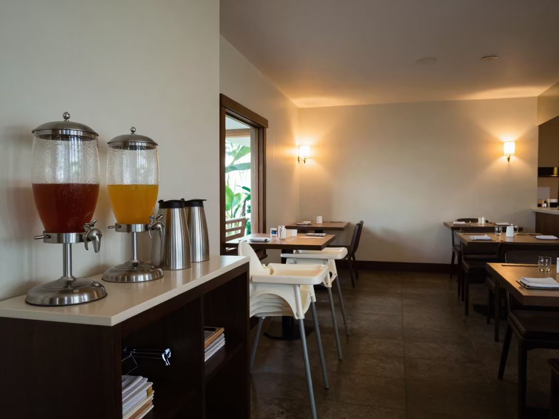Spa Breakfast Room with Syrup Dispensers and High Chairs in inside a spa reception near Santa Cruz
