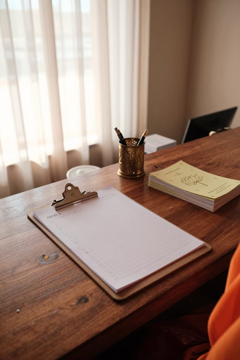 Spa Check-In Clipboard in Jaipur Bazaar in inside a spa reception in Johari Bazaar, Jaipur