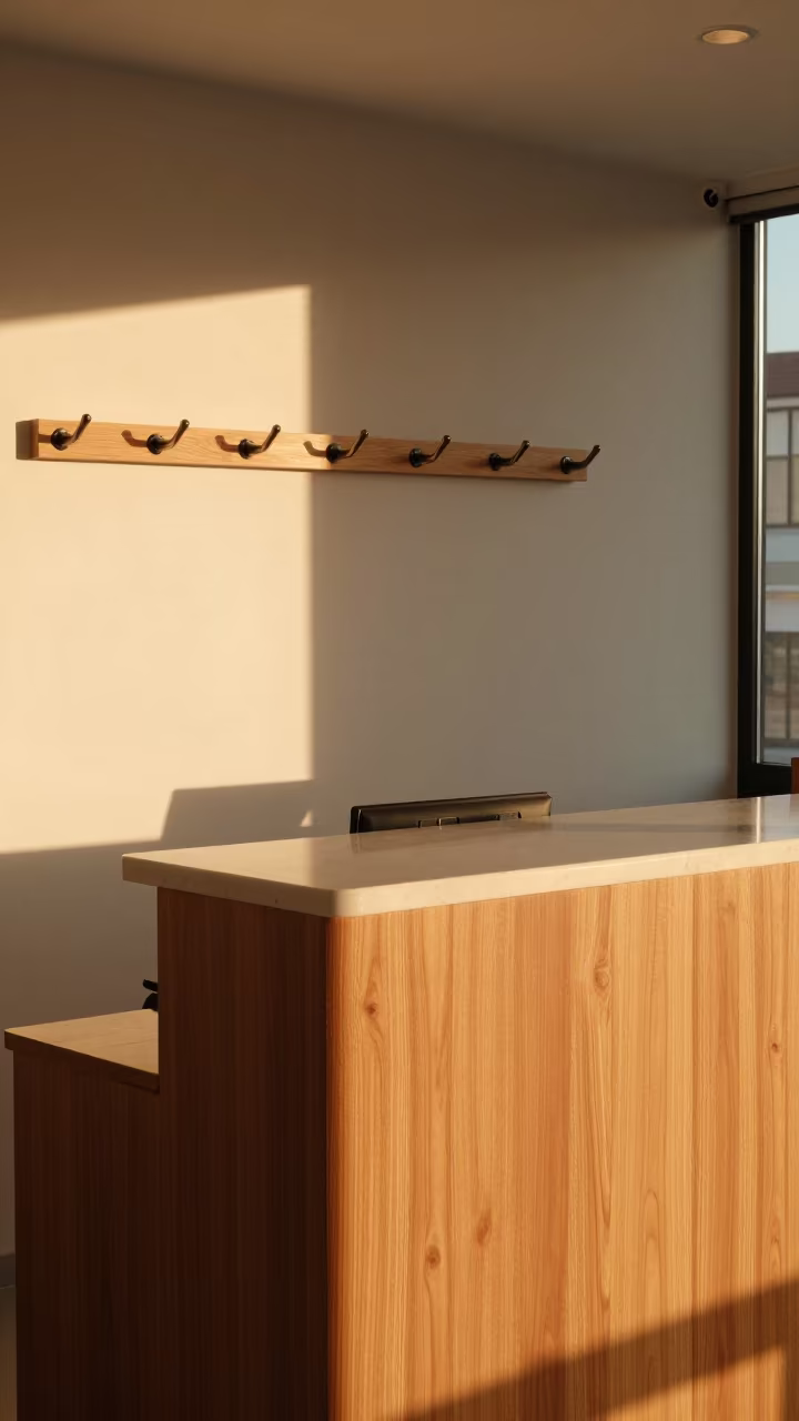 Spa Coatrack Counter in Golden Hour Light in inside a spa reception near Düzce