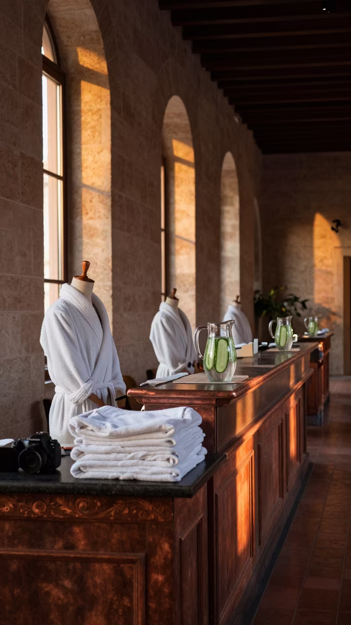 Spa Counter with Robes and Cucumber Water in inside a banquet hall before service in Assisi