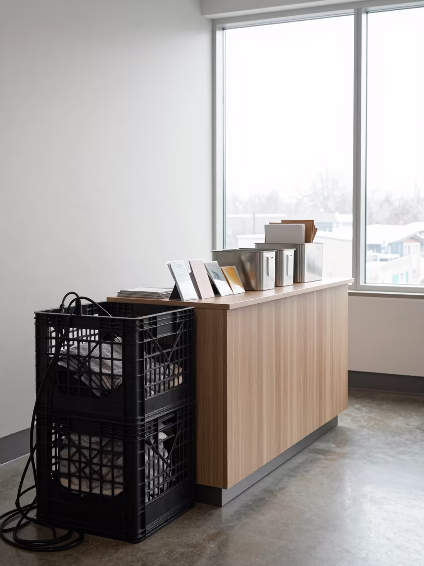 Spa Crate with Cords in Noon Sidelight in inside a spa reception in Kitchener