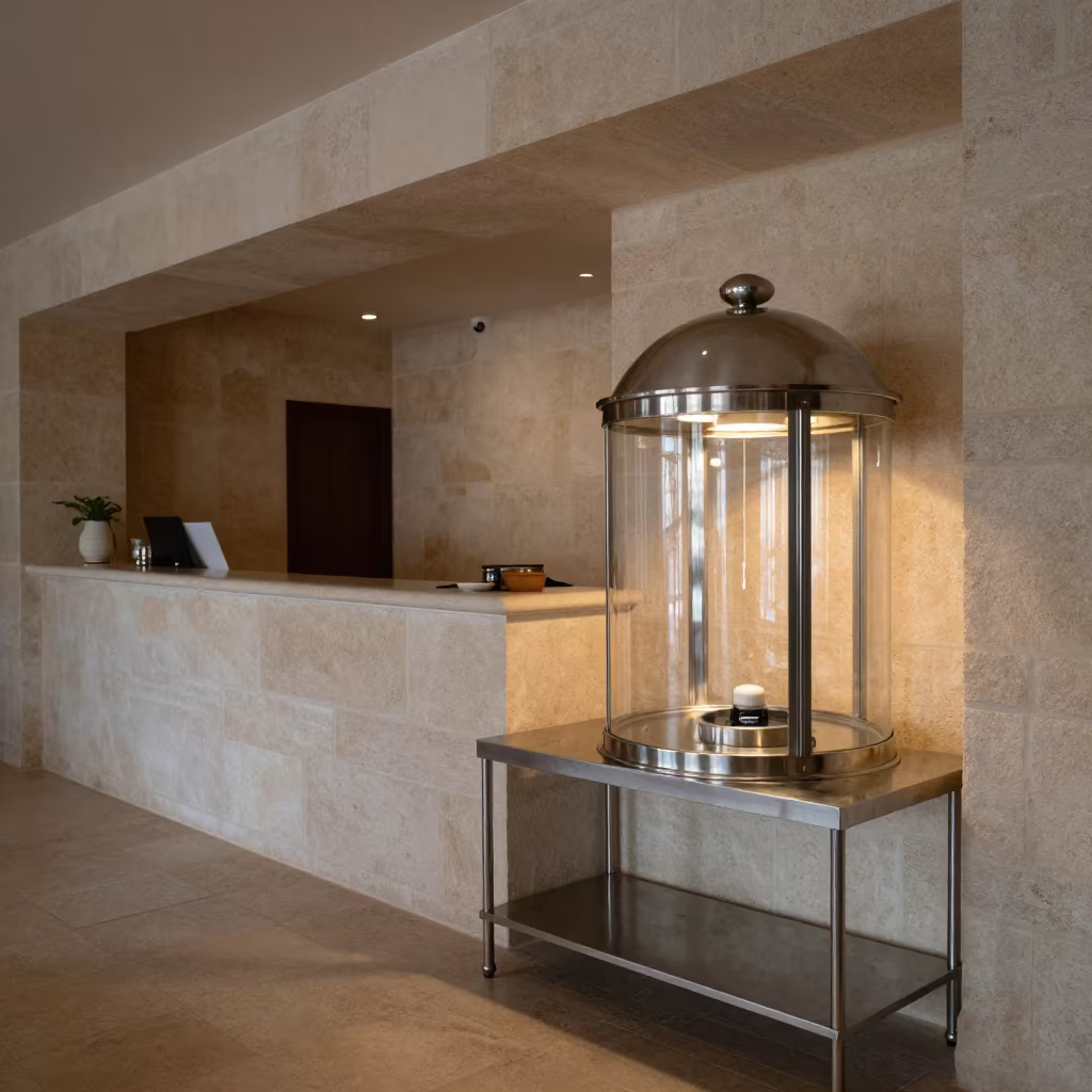 Spa Dining Shelf in Predawn Soft Light in inside a spa reception in Cartagena