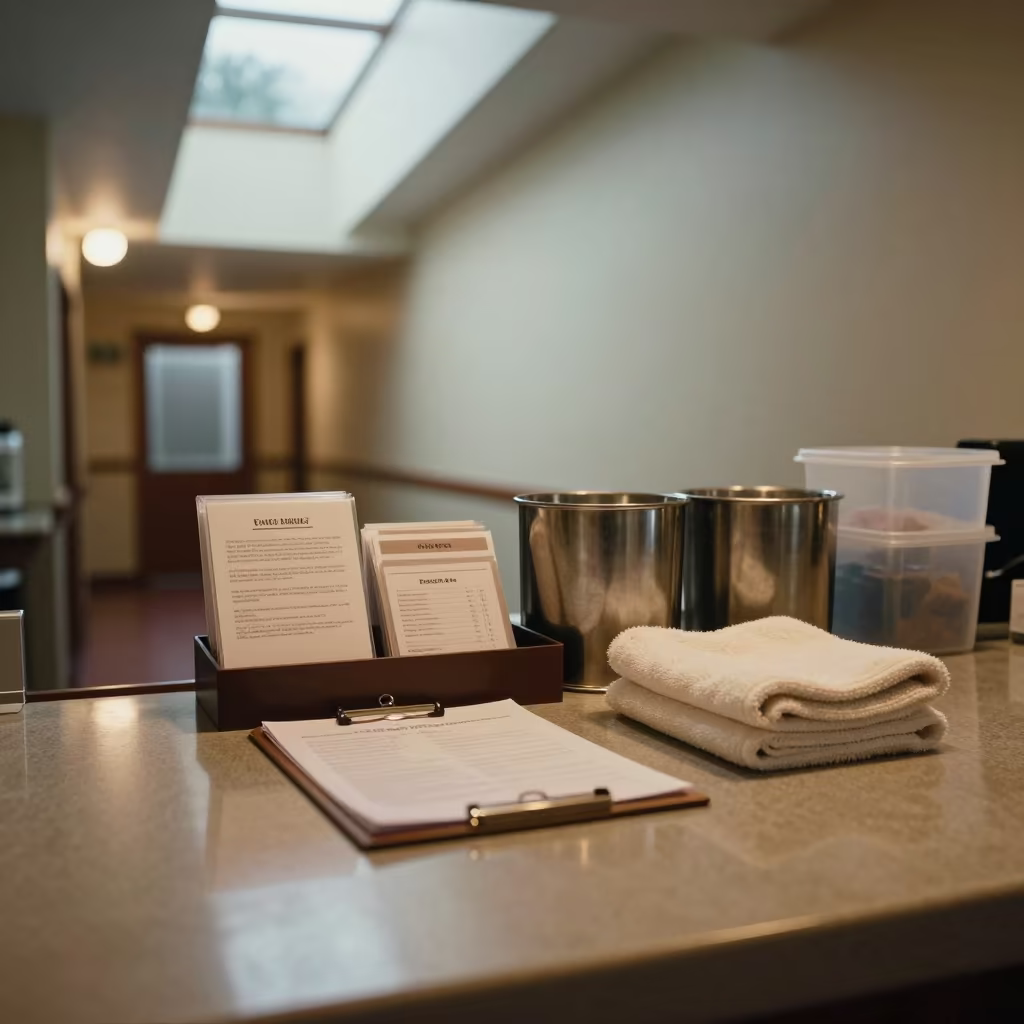 Spa Intake Clipboard on Reception Desk in at a reception desk under warm light near Doncaster