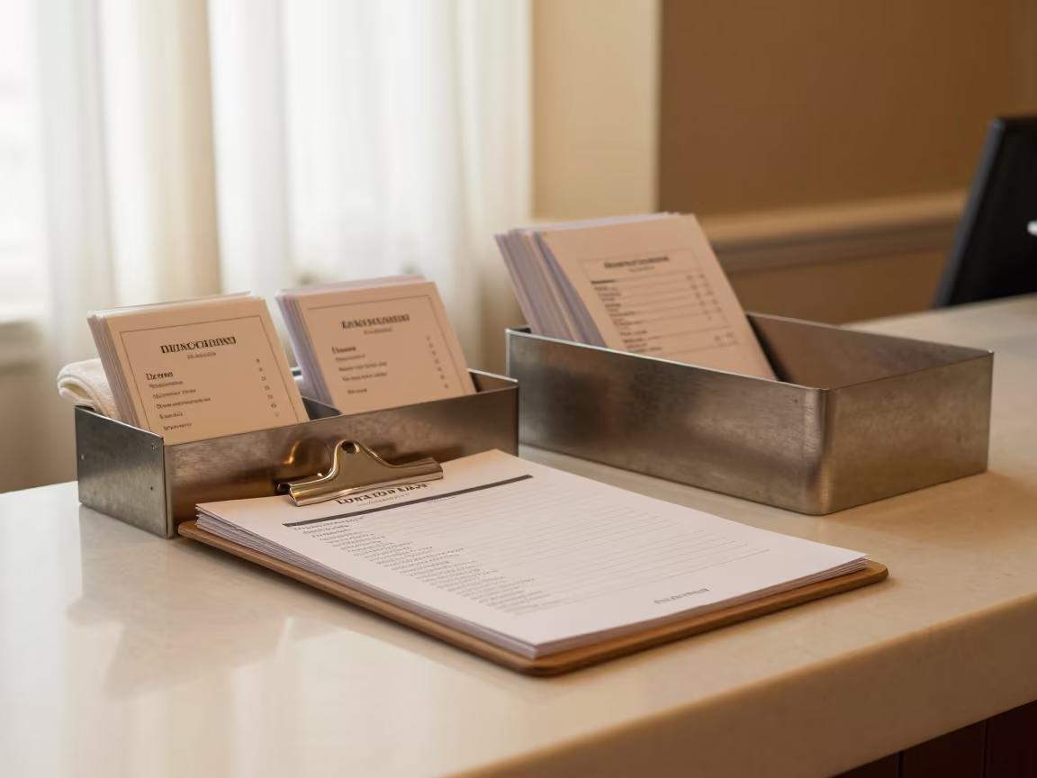 Spa Intake Clipboard Tray Under Warm Lobby Light in at a reception desk under warm light in Hongkou, Shanghai