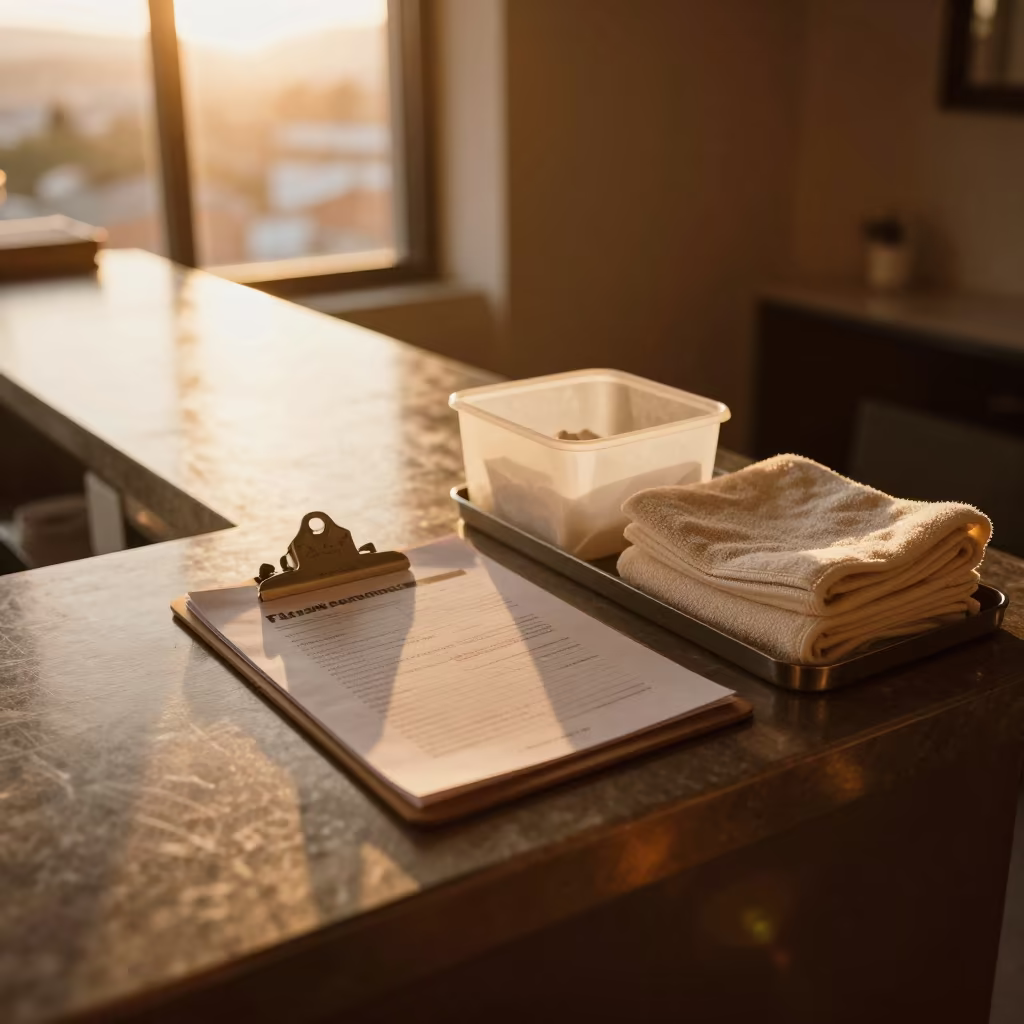 Spa Intake Clipboard Tray Under Warm Lobby Light in at a reception desk under warm light near Centro, Medellin