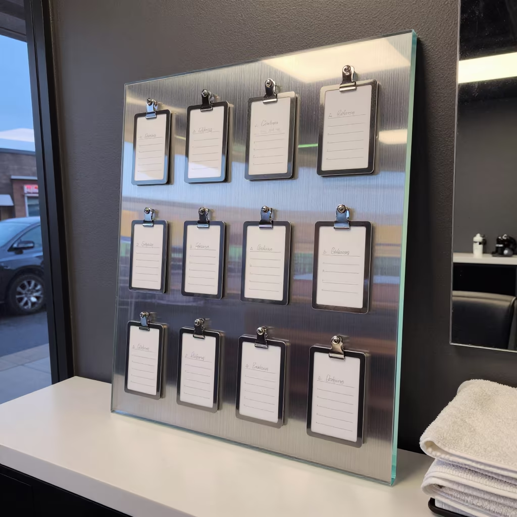 Spa Key Tag Board With Residue Under Mirror Bulbs in at a barber station beneath mirror bulbs in Ottawa