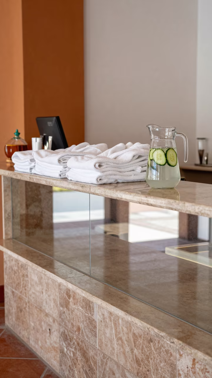 Spa Reception Counter with Robes and Cucumber Water in inside a breakfast room before opening in Zacatecas
