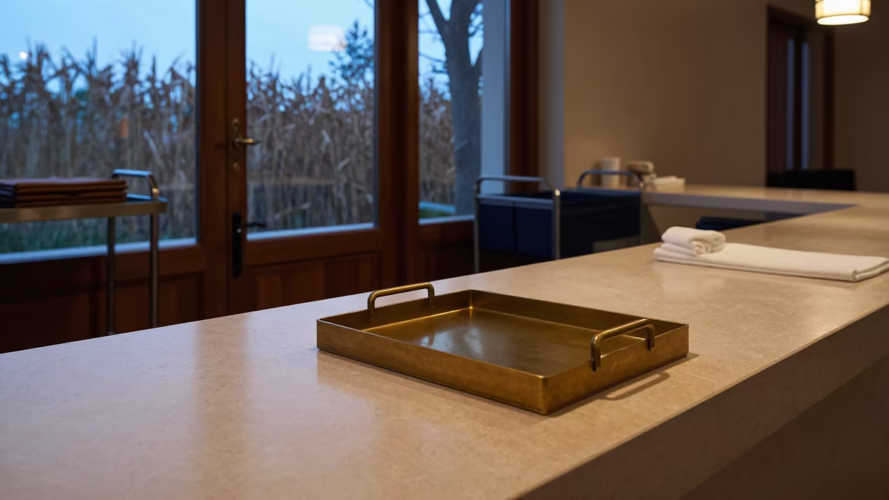 Spa Reception Crank Handle Tray Before Sunrise in inside a spa reception in Yüksekova district