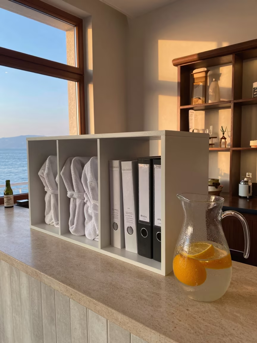 Spa Reception Cubbies and Citrus Water Before Dusk in inside a breakfast room before opening in Gölcük