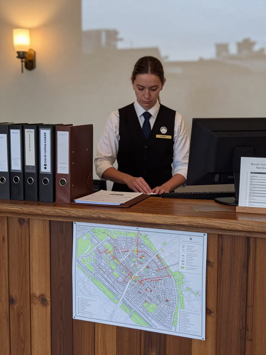 Spa Reception Desk at Dawn with Maps and Binders in inside a spa reception in Bingerville
