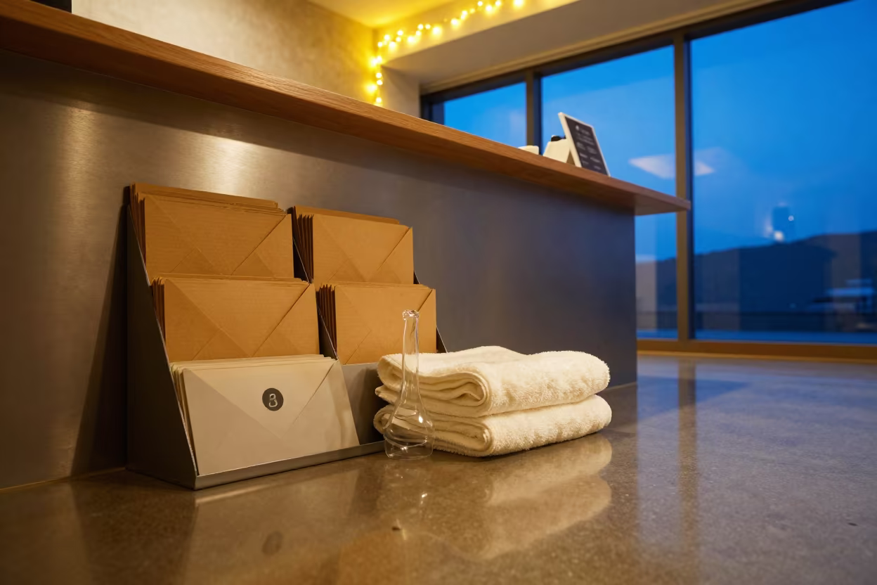Spa Reception Envelope Rack with Warm Light in inside a spa reception near Ulsan