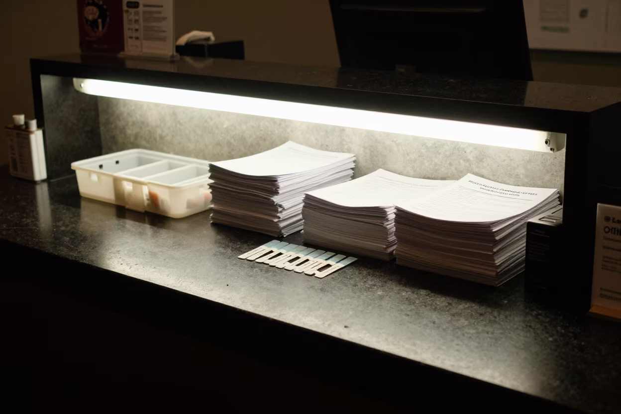 Spa Reception Night Pool Test Strip Caddy in inside a spa reception in Melbourne