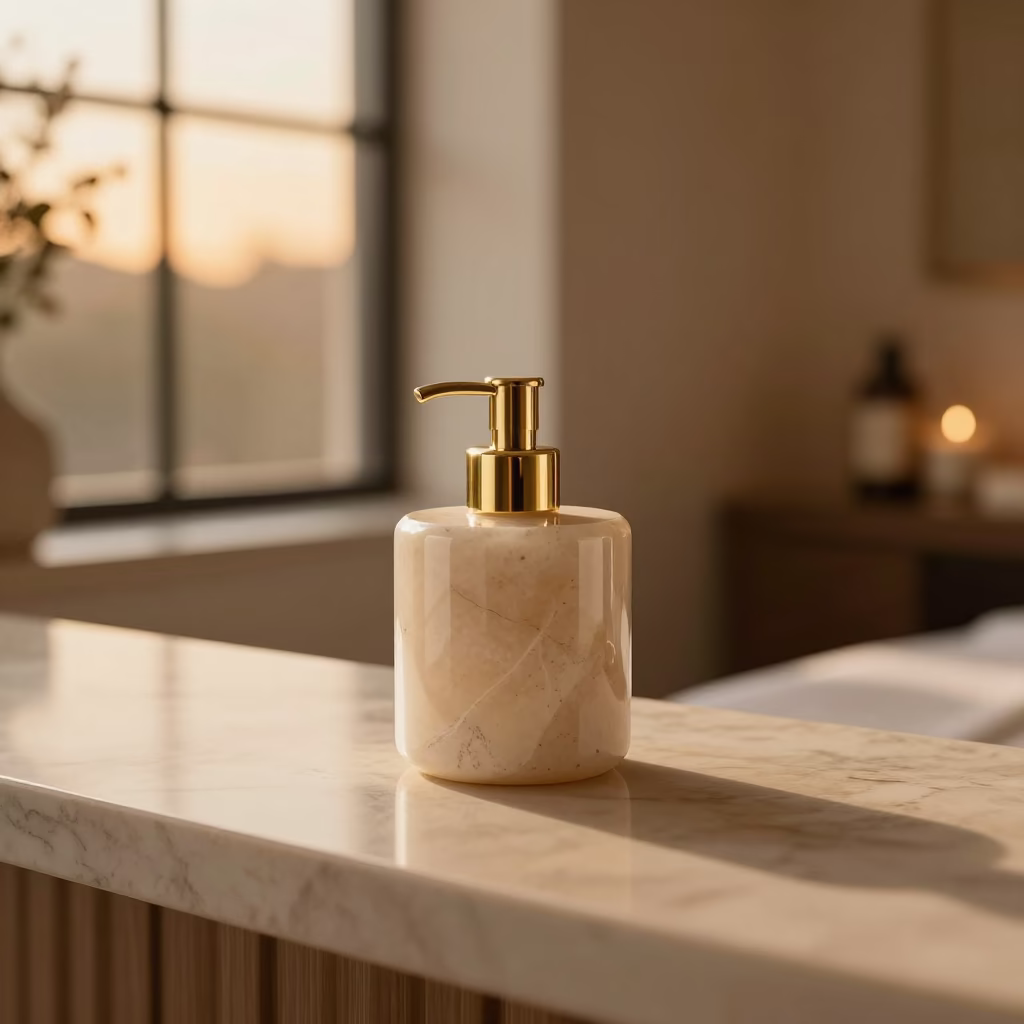 Spa Refill Bin Stone Brass Window Light in inside a spa reception in Charlotte