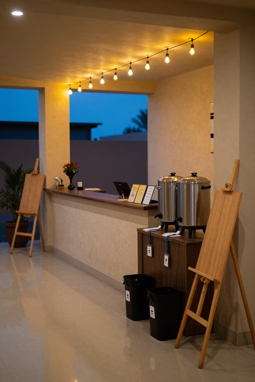 Spa Registration Foyer at Twilight with String Lights in inside a spa reception in Multan